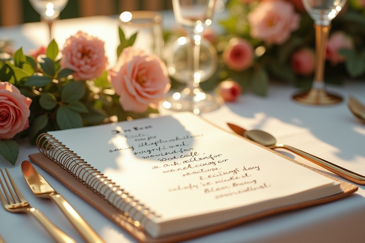 Table de mariage avec carnet de chansons et décor floral