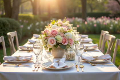 Table de mariage élégante en mai avec fleurs pastel et vaisselle fine