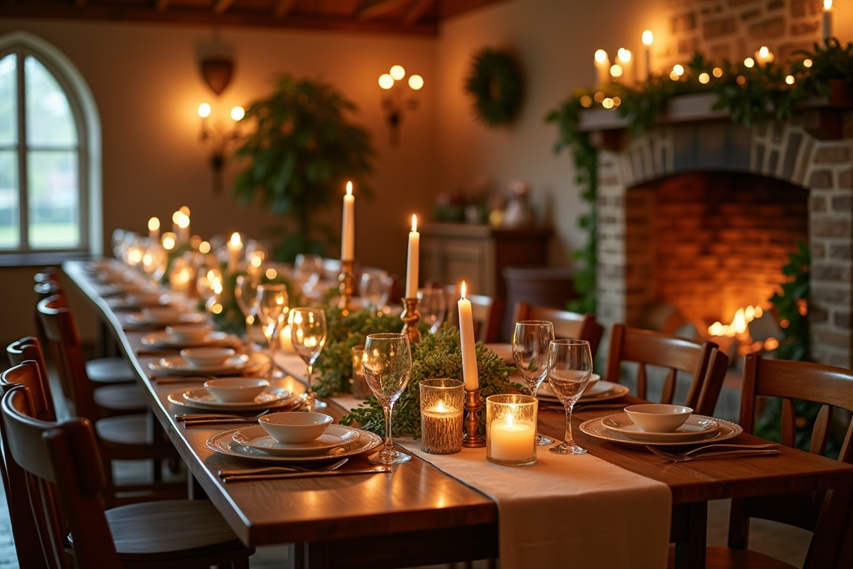 Table de mariage rustique avec bougies et décoration chaleureuse