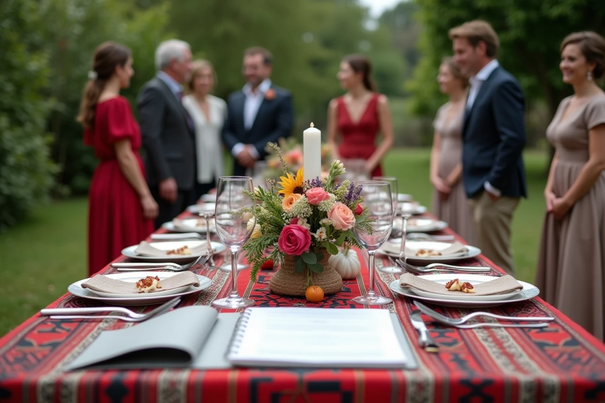 Table de mariage albanais mêlant traditions culturelles albanaises et cadre de réception français en plein air
