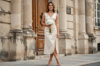 Femme en robe midi ivoire élégante devant la mairie pour un mariage civil chic
