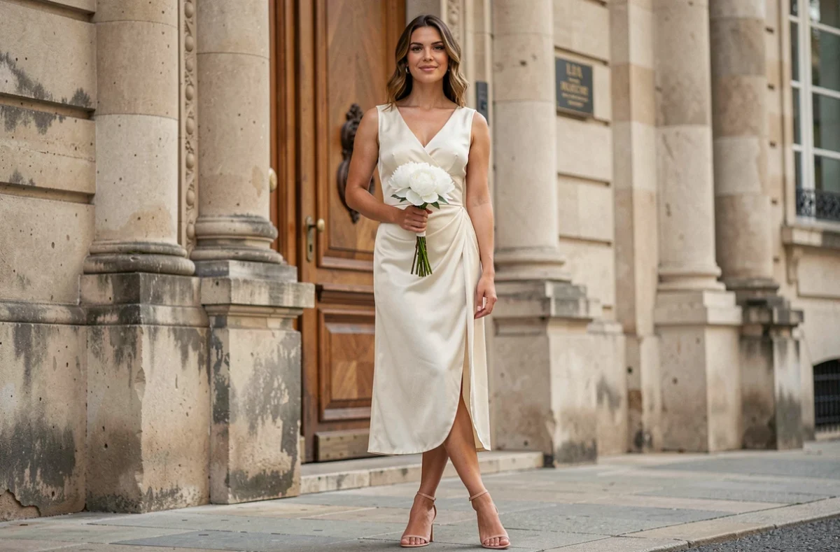 Femme en robe midi ivoire élégante devant la mairie pour un mariage civil chic