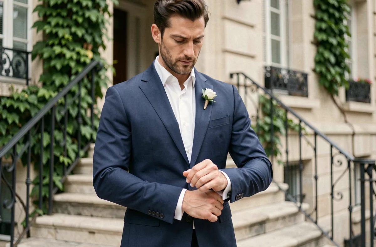 Homme en costume bleu marine élégant sur les marches de la mairie pour un mariage civil