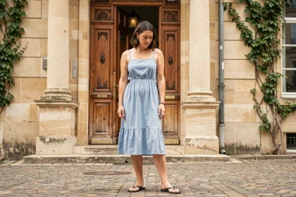 Femme en tenue trop décontractée devant une mairie française, erreur de style pour un mariage civil