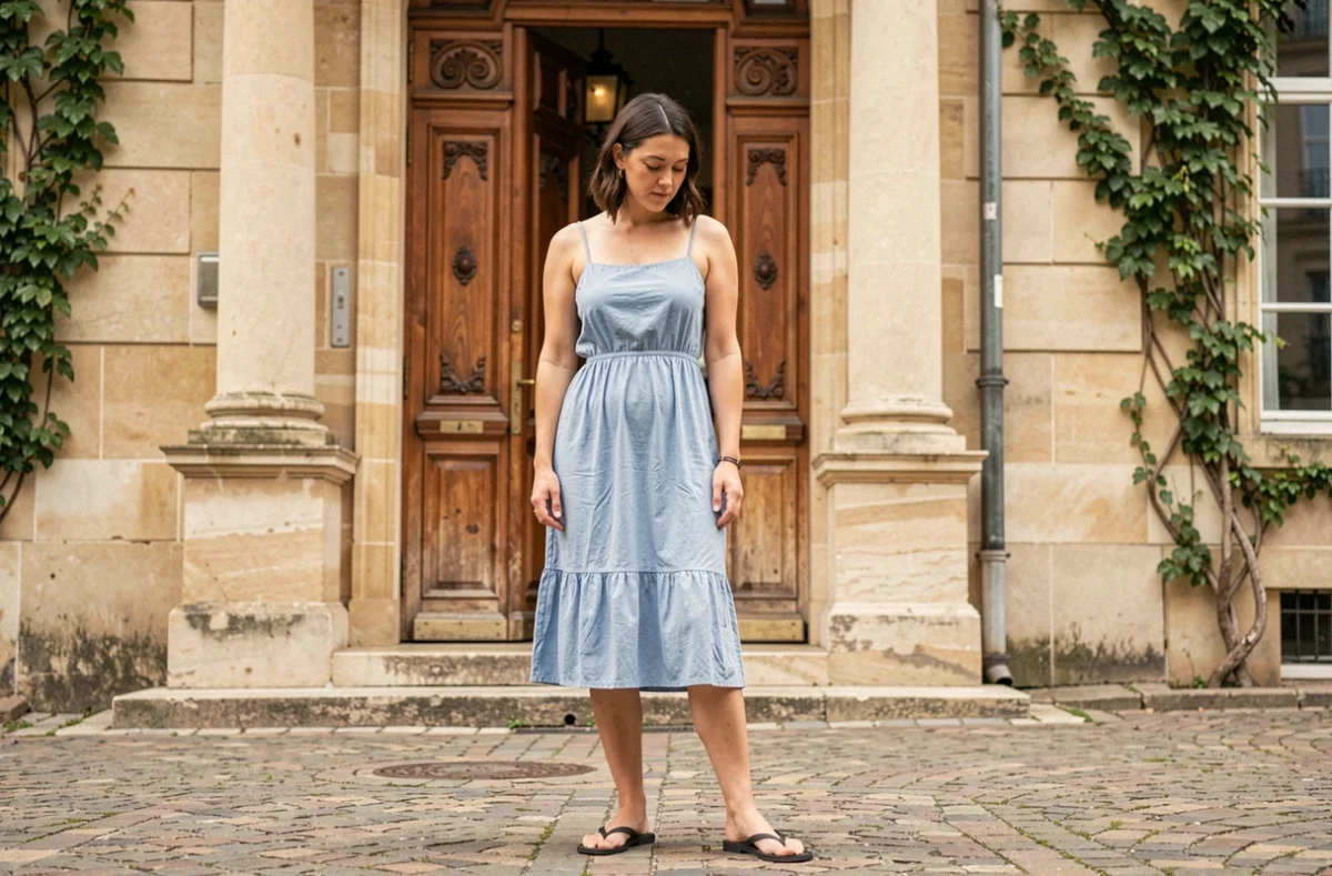 Femme en tenue trop décontractée devant une mairie française, erreur de style pour un mariage civil