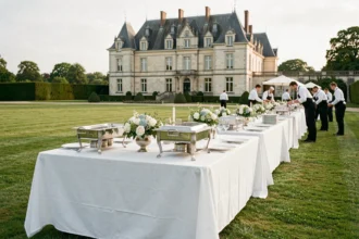 Vue d'ensemble d'un mariage en plein air en Seine-Maritime avec des tables dressées par un traiteur devant un château normand