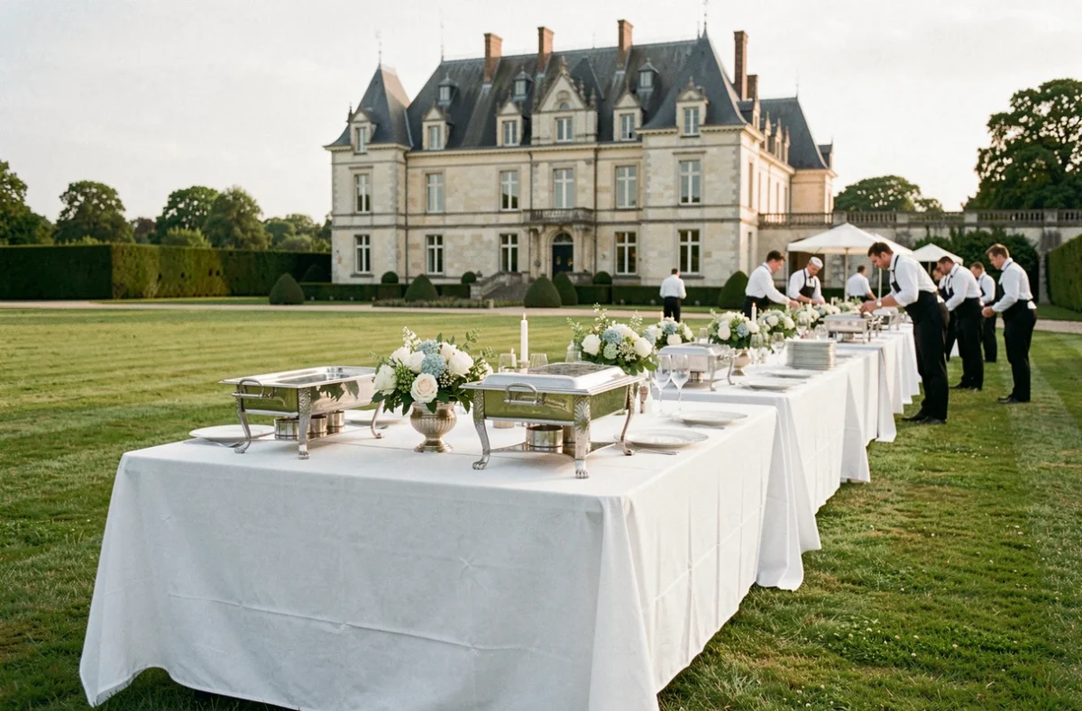 Vue d'ensemble d'un mariage en plein air en Seine-Maritime avec des tables dressées par un traiteur devant un château normand