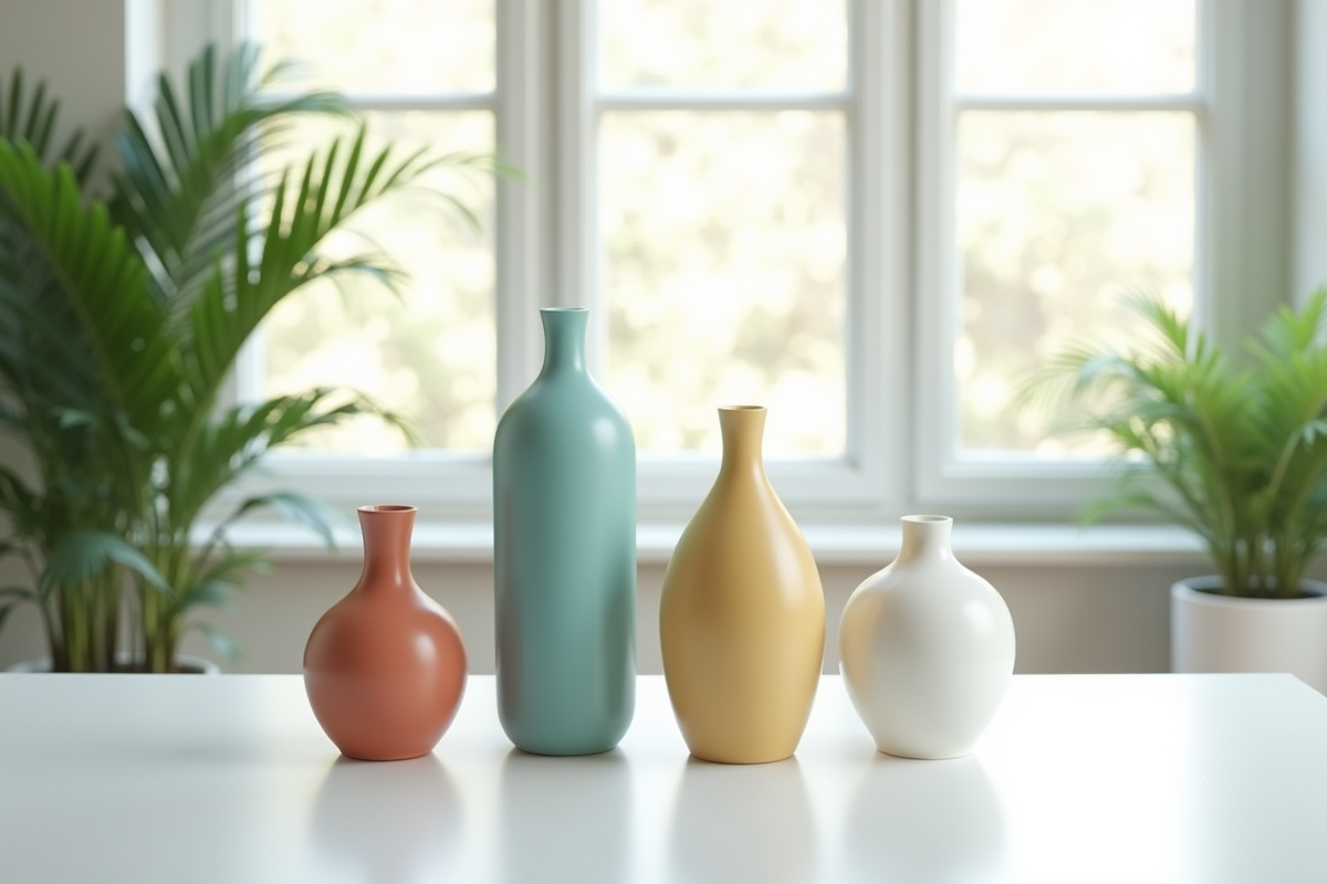Vases en céramique colorés sur une table blanche près d