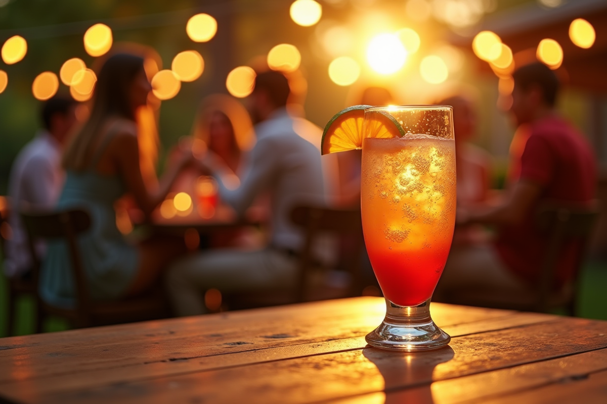 Verre de cocktail glacé sur une table en plein air lors du coucher du soleil