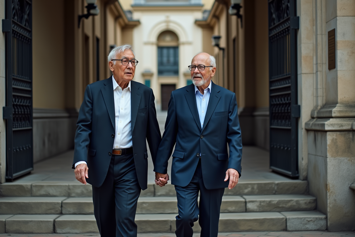 Homme âgé marchant avec sa partenaire devant la mairie