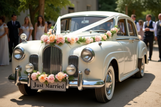 Voiture vintage blanche décorée pour un mariage en extérieur