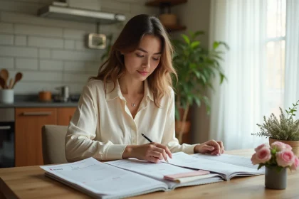 Jeune femme planifiant un mariage petit budget à sa table avec carnets et échantillons de tissus