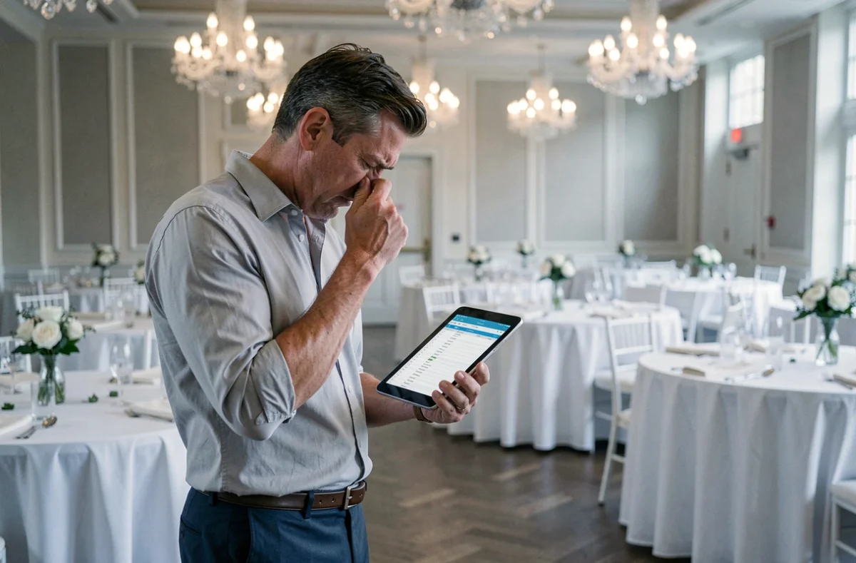 Wedding planner stressé vérifiant les coûts sur une tablette dans une salle de réception de mariage