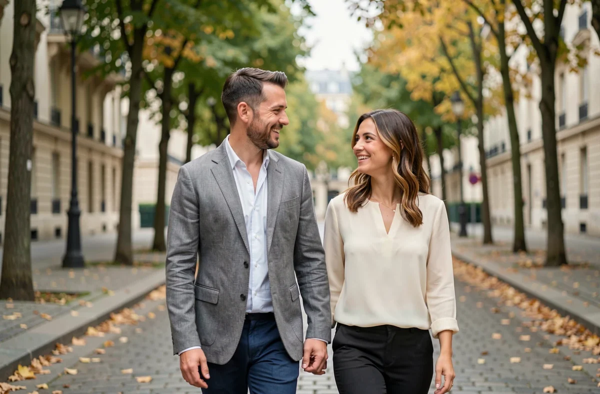 Couple se promenant dans une rue parisienne illustrant une relation de couple épanouie et complice