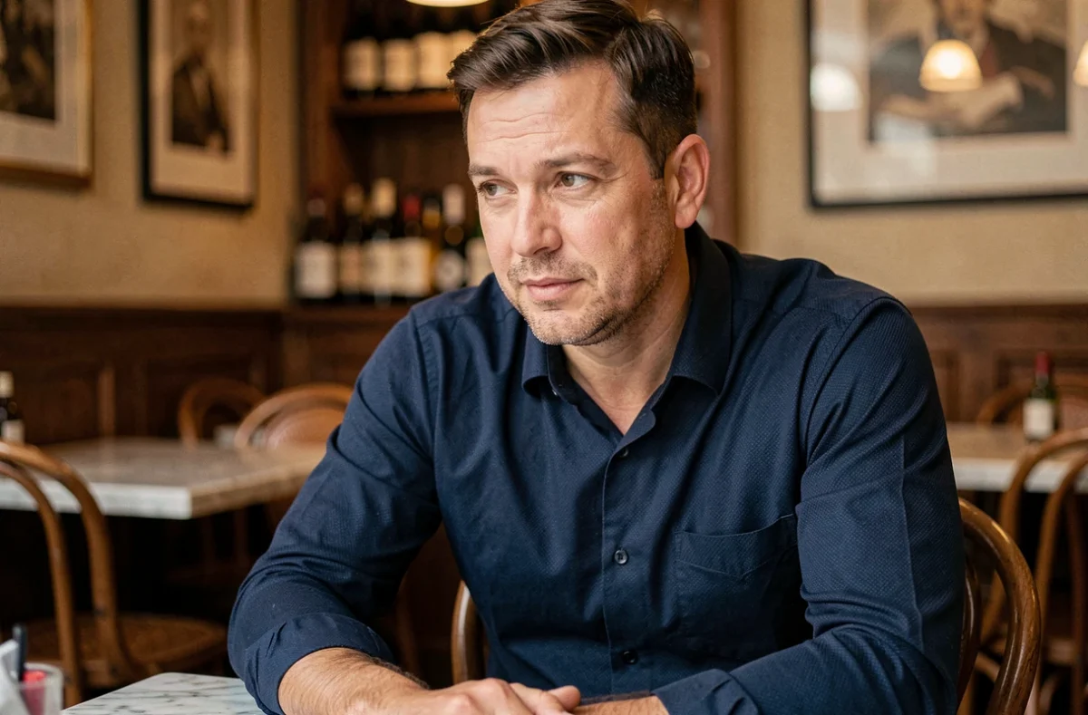 Homme en chemise bleue dans un café parisien évoquant une conversation intime sur sa vie de couple